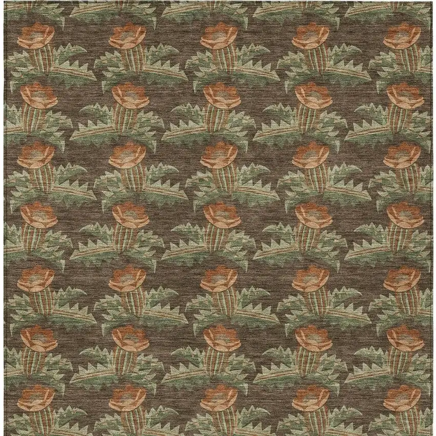 Chocolate And Graphite Floral Washable Indoor Outdoor Area Rug Photo 6