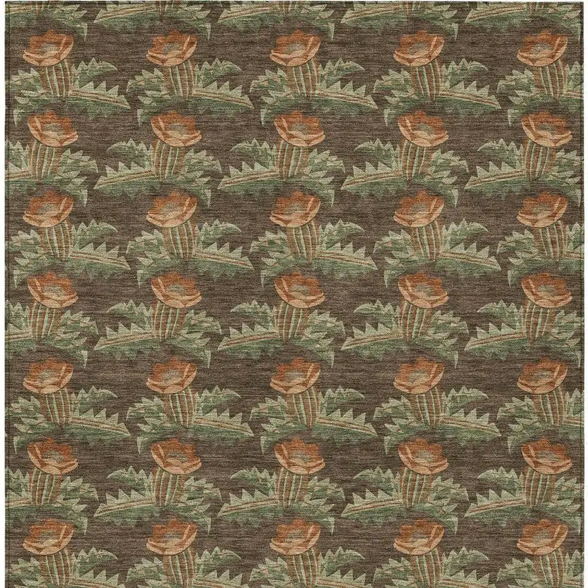 Chocolate And Graphite Floral Washable Indoor Outdoor Area Rug Photo 4