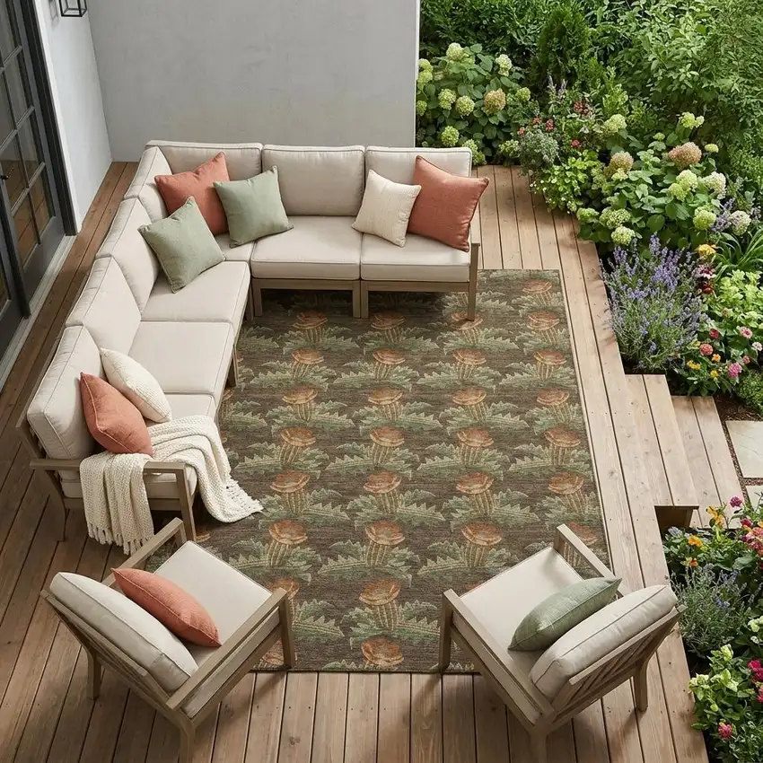 Chocolate And Graphite Floral Washable Indoor Outdoor Area Rug Photo 1