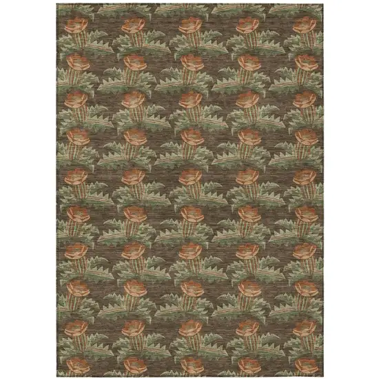 Chocolate And Graphite Floral Washable Indoor Outdoor Area Rug Photo 2
