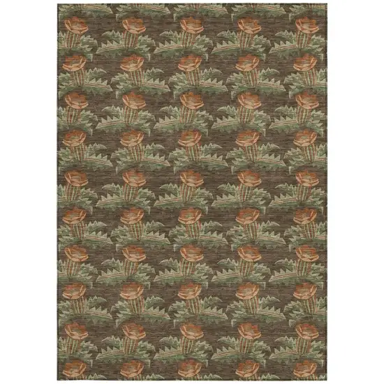 Chocolate And Graphite Floral Washable Indoor Outdoor Area Rug Photo 4
