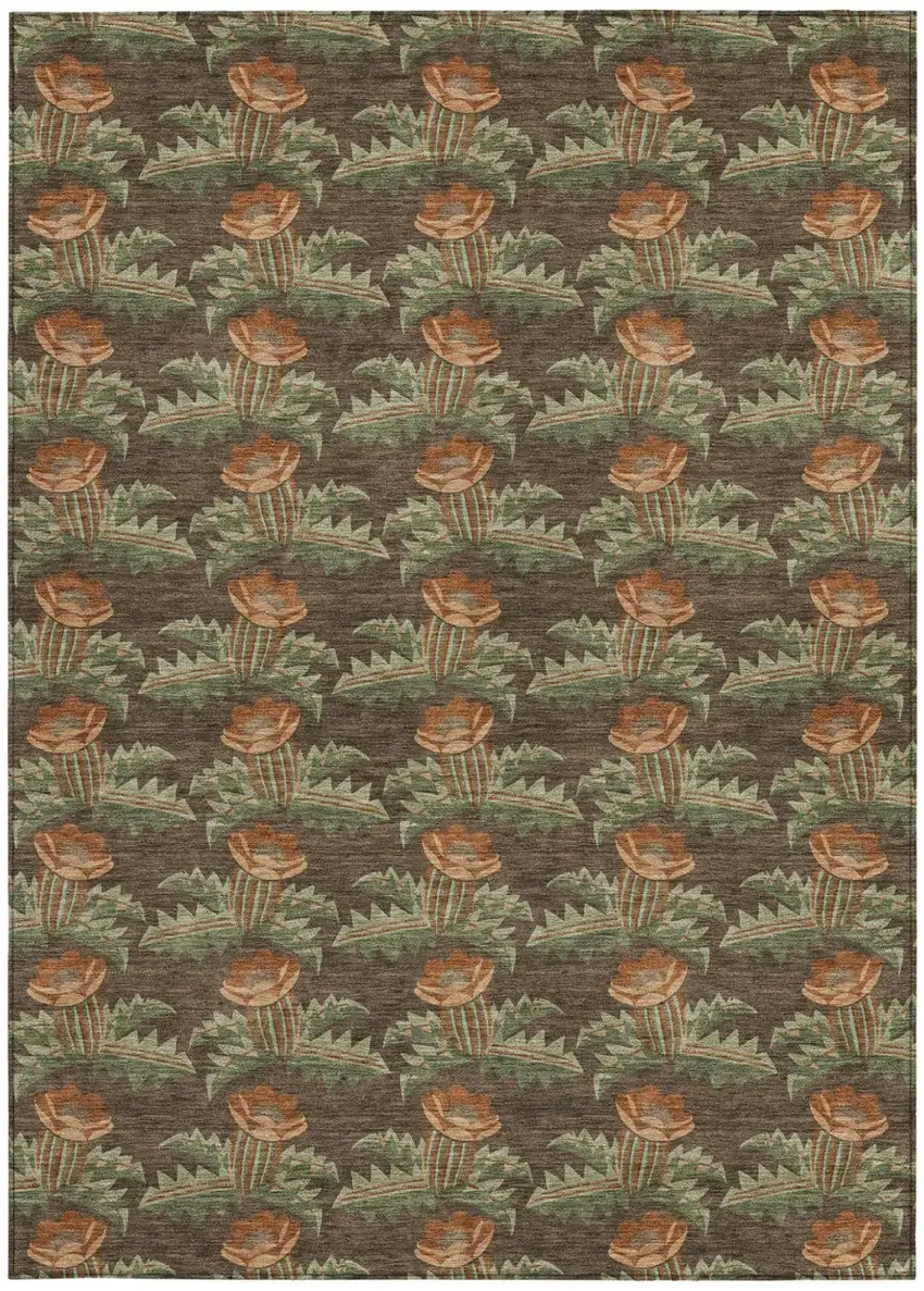 Chocolate And Graphite Floral Washable Indoor Outdoor Area Rug Photo 4