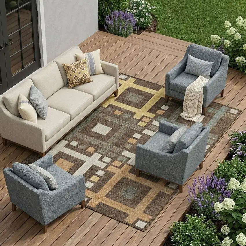 Chocolate And Graphite Geometric Washable Indoor Outdoor Area Rug Photo 1