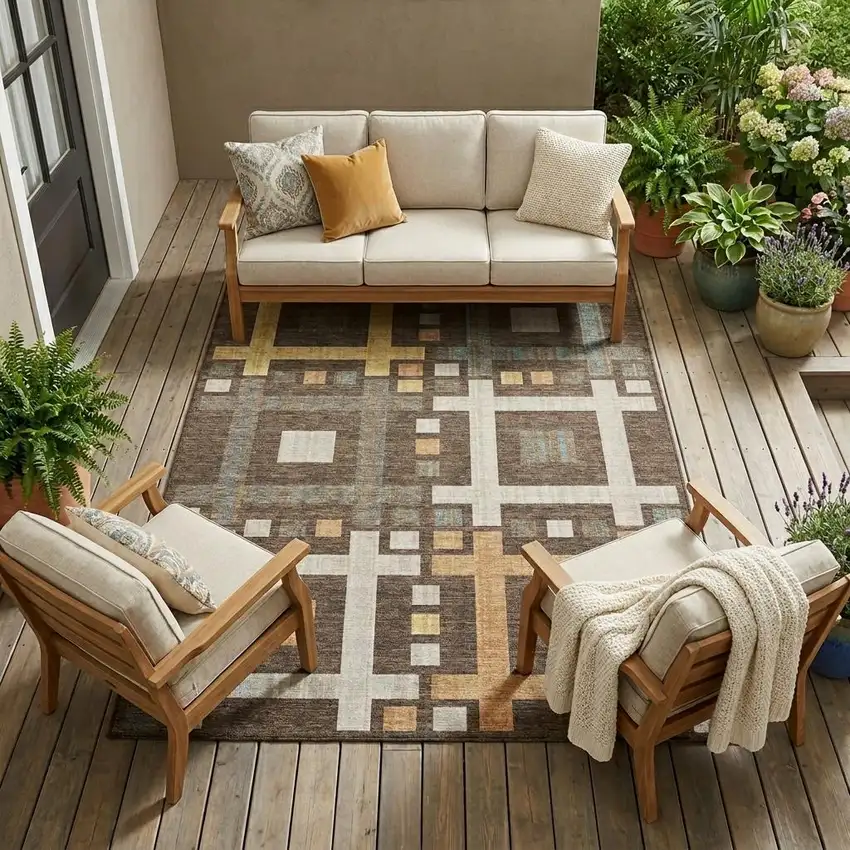 Chocolate And Graphite Geometric Washable Indoor Outdoor Area Rug Photo 1
