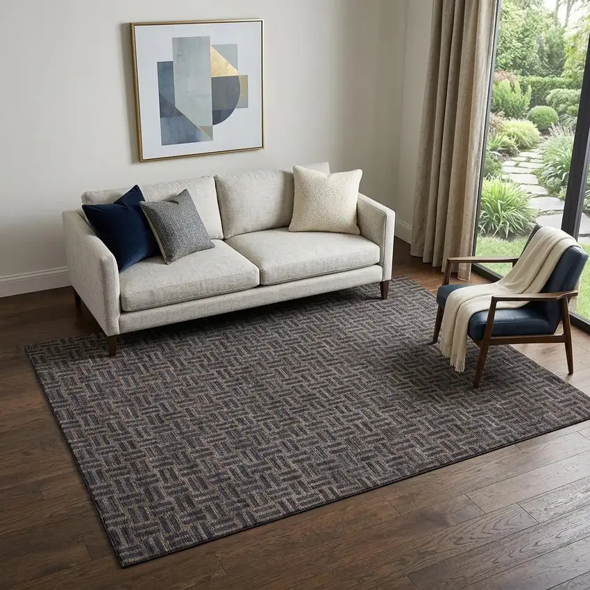 Chocolate And Gray Abstract Geometric Washable Area Rug With UV Protection Photo 1