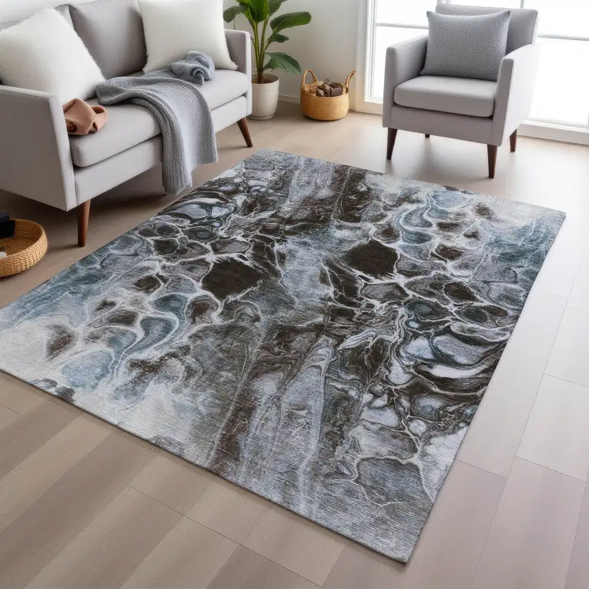 Chocolate And Gray Abstract Washable Indoor Outdoor Area Rug Photo 5