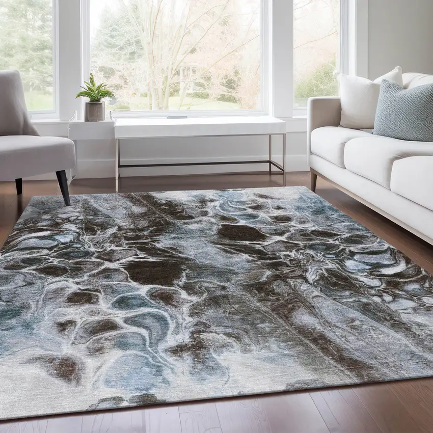 Chocolate And Gray Abstract Washable Indoor Outdoor Area Rug Photo 6