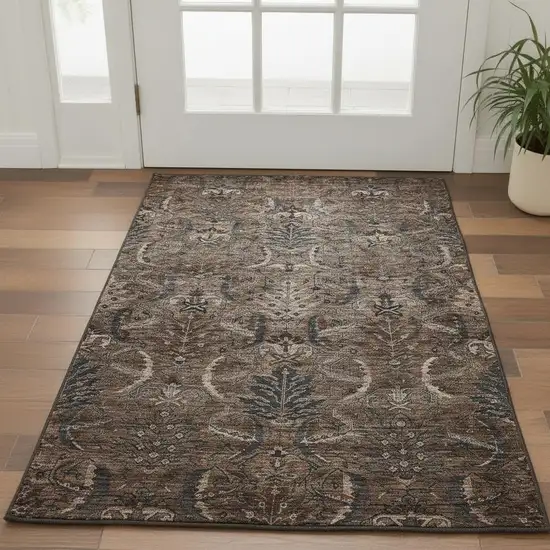 Chocolate And Gray Damask Washable Area Rug With UV Protection Photo 2