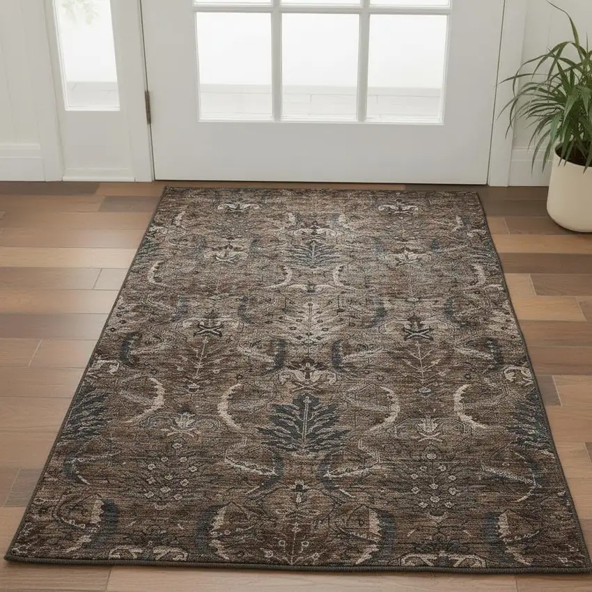 Chocolate And Gray Damask Washable Area Rug With UV Protection Photo 2