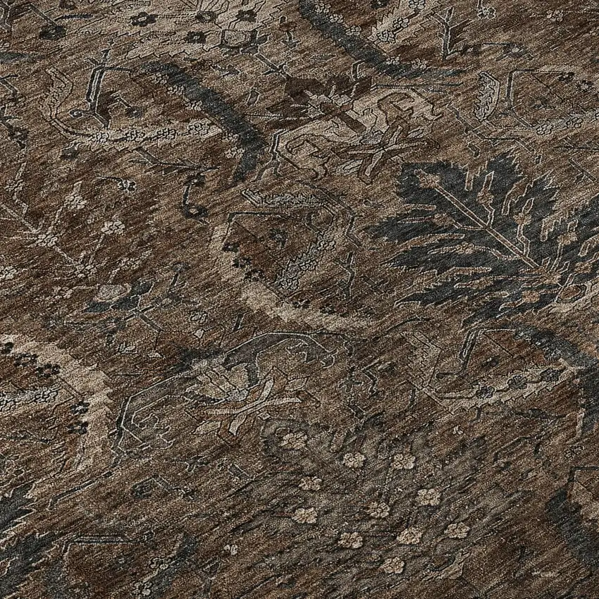 Chocolate And Gray Damask Washable Area Rug With UV Protection Photo 9