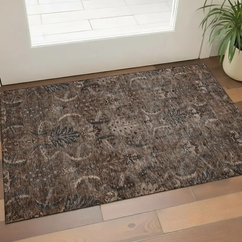 Chocolate And Gray Damask Washable Area Rug With UV Protection Photo 1