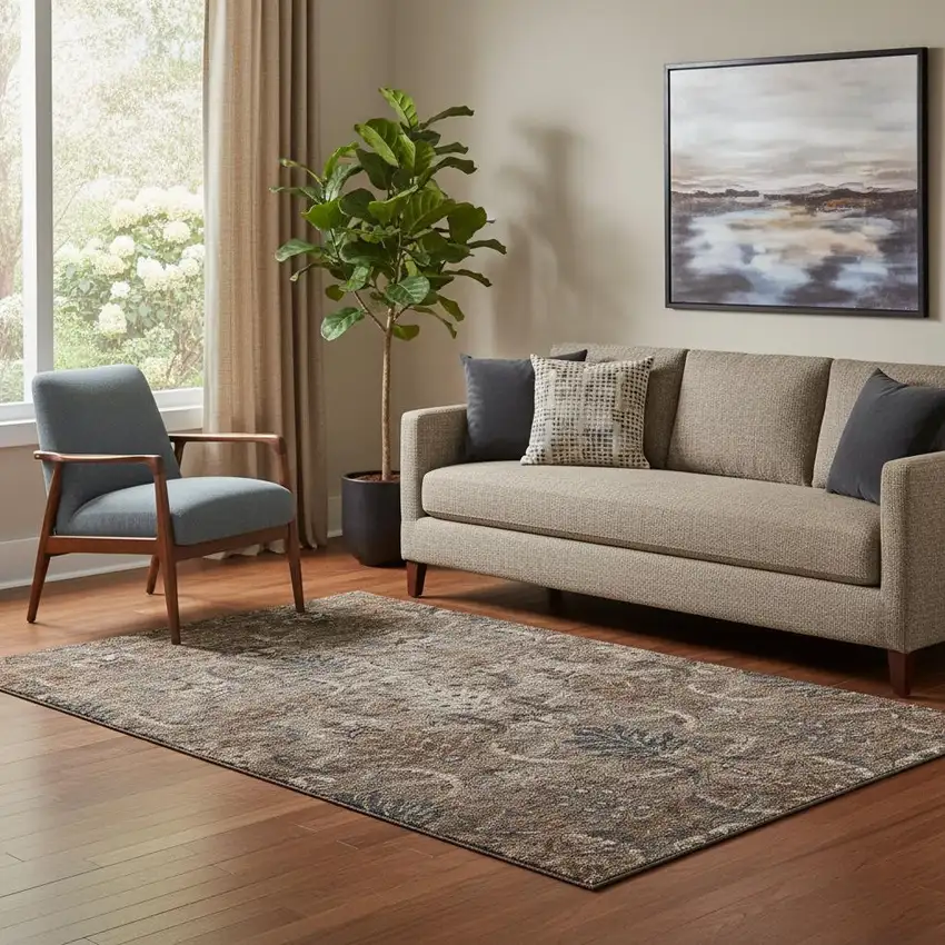 Chocolate And Gray Damask Washable Area Rug With UV Protection Photo 2