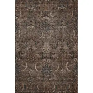 Photo of Chocolate And Gray Damask Washable Area Rug With UV Protection