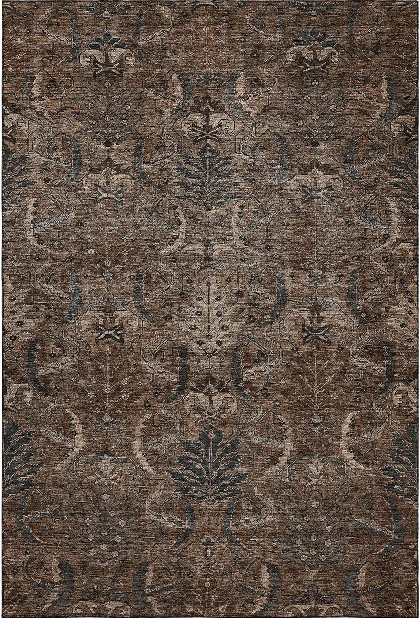 Chocolate And Gray Damask Washable Area Rug With UV Protection Photo 1