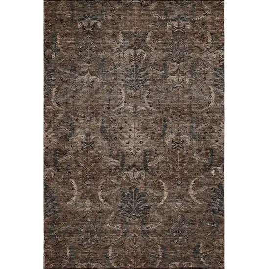 Chocolate And Gray Damask Washable Area Rug With UV Protection Photo 3