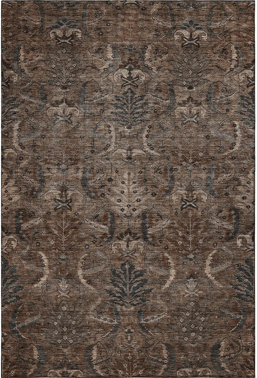 Chocolate And Gray Damask Washable Area Rug With UV Protection Photo 3