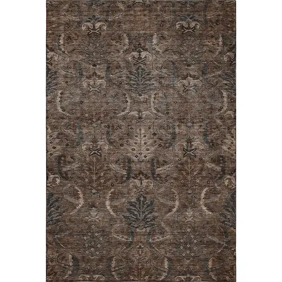 Chocolate And Gray Damask Washable Area Rug With UV Protection Photo 1