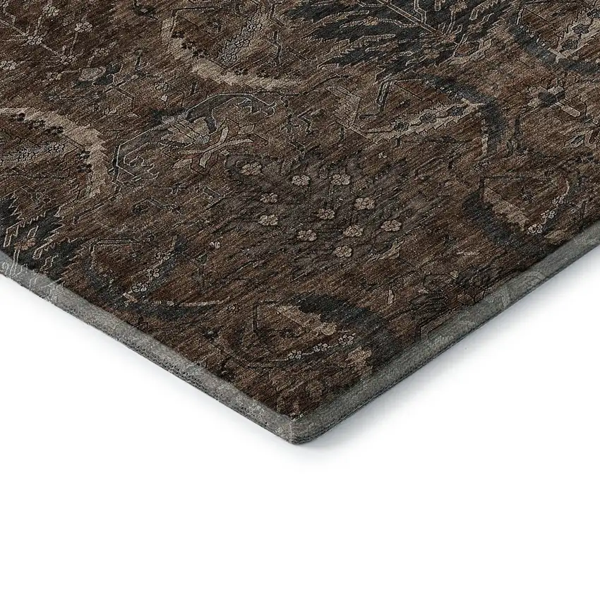 Chocolate And Gray Damask Washable Area Rug With UV Protection Photo 7