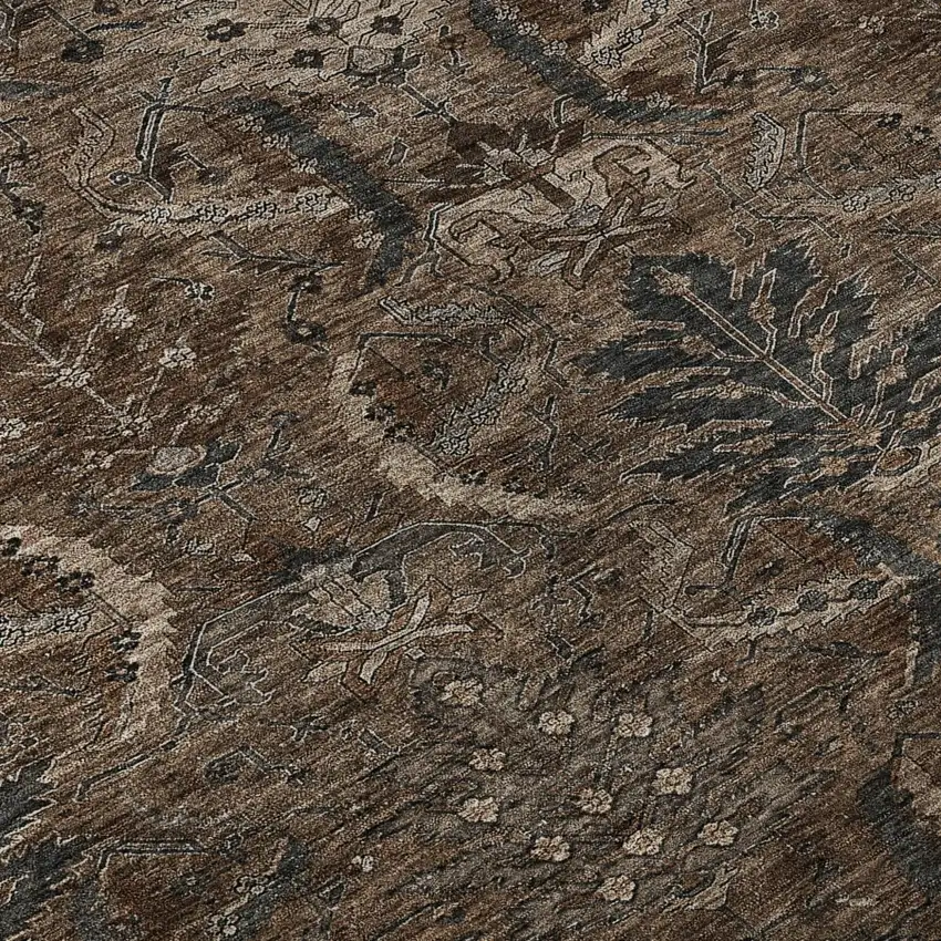 Chocolate And Gray Damask Washable Area Rug With UV Protection Photo 7