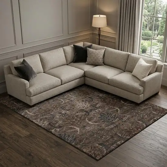 Chocolate And Gray Damask Washable Area Rug With UV Protection Photo 1