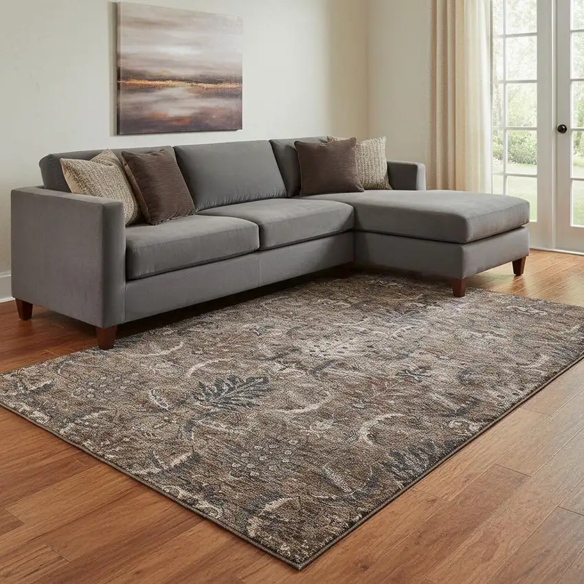 Chocolate And Gray Damask Washable Area Rug With UV Protection Photo 2