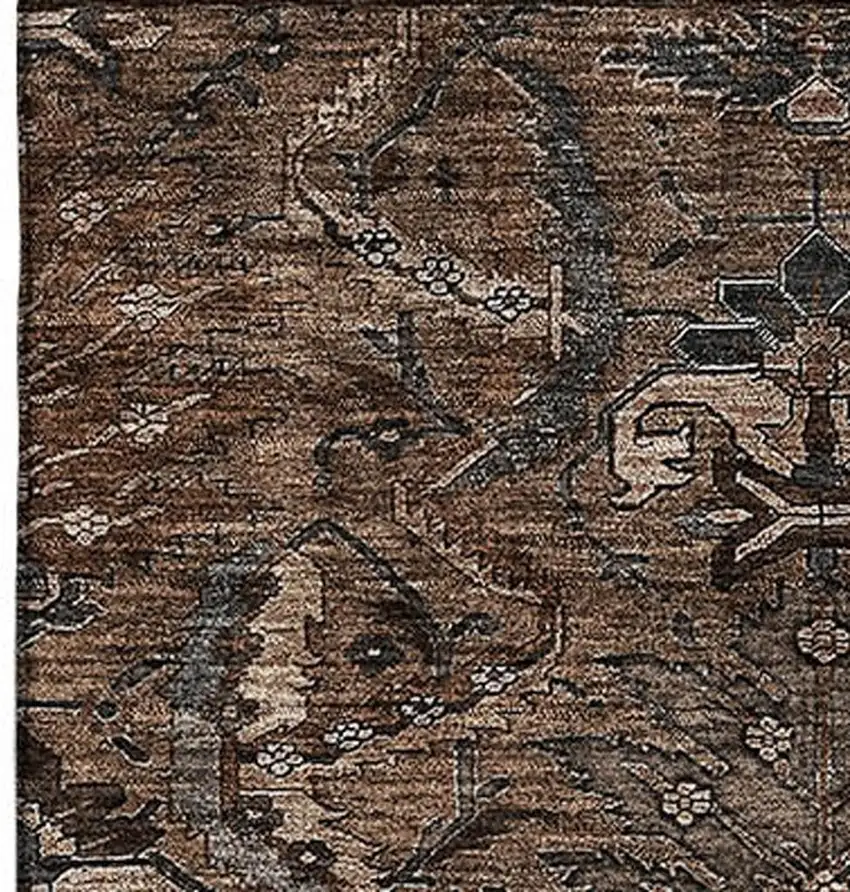 Chocolate And Gray Damask Washable Area Rug With UV Protection Photo 2