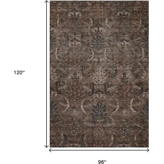Chocolate And Gray Damask Washable Area Rug With UV Protection Photo 8