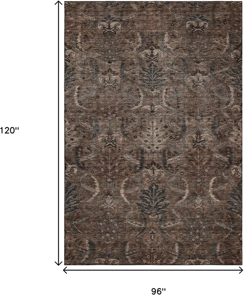 Chocolate And Gray Damask Washable Area Rug With UV Protection Photo 8
