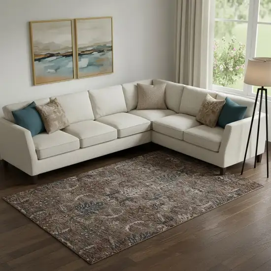 Chocolate And Gray Damask Washable Area Rug With UV Protection Photo 2