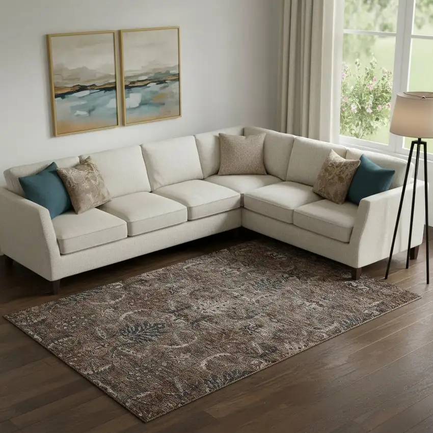 Chocolate And Gray Damask Washable Area Rug With UV Protection Photo 2