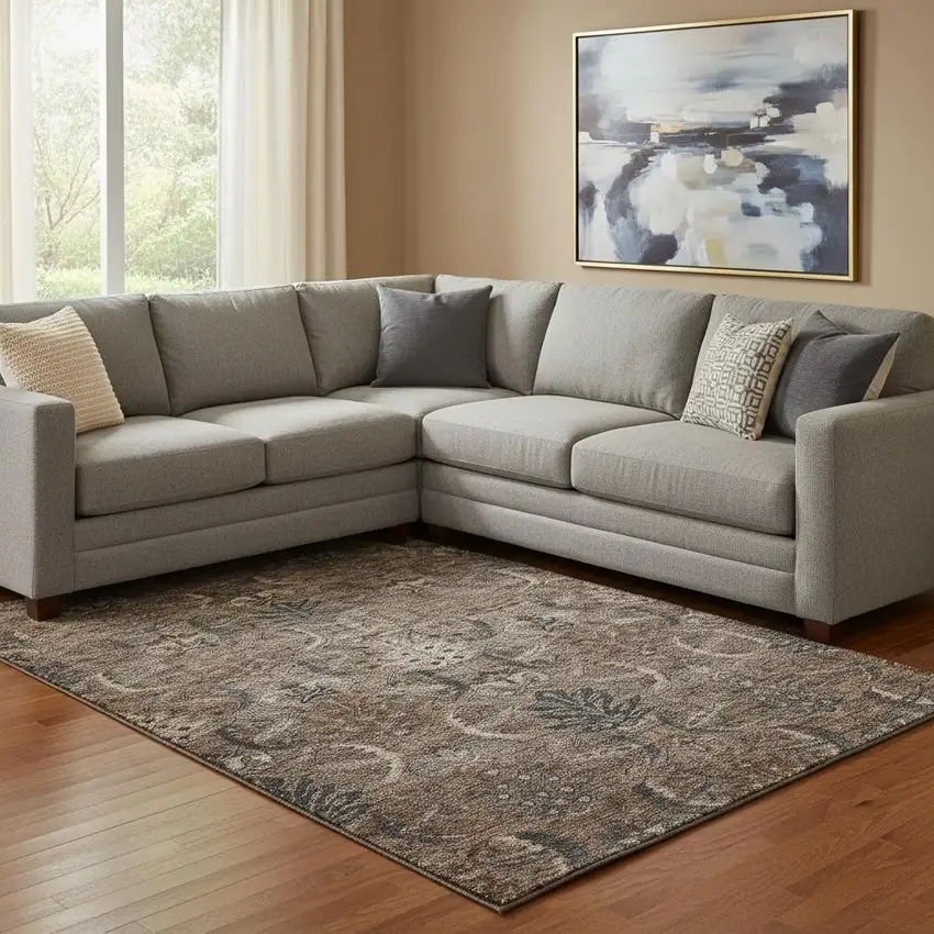 Chocolate And Gray Damask Washable Area Rug With UV Protection Photo 2