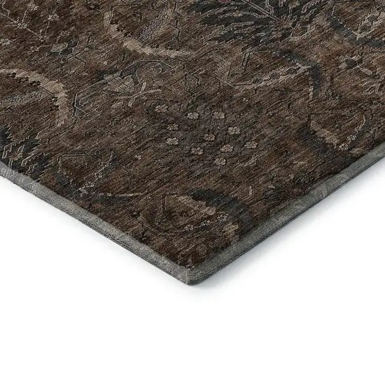 Chocolate And Gray Damask Washable Area Rug With UV Protection Photo 7
