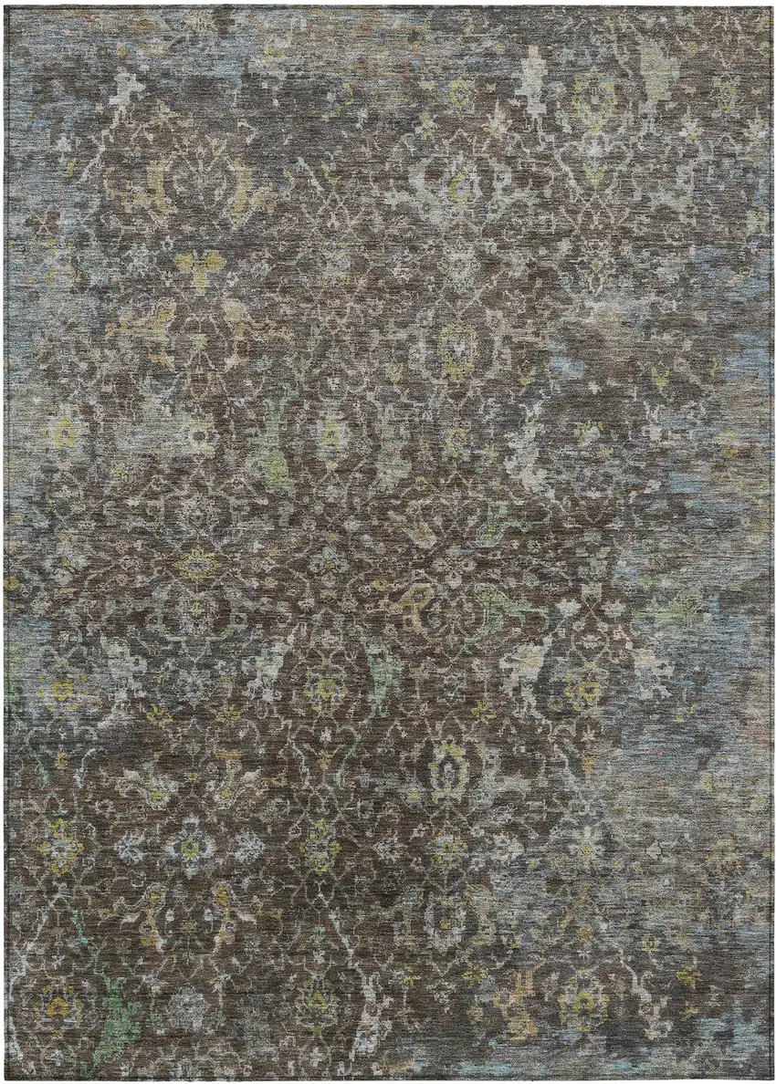Chocolate And Gray Damask Washable Indoor Outdoor Area Rug Photo 7