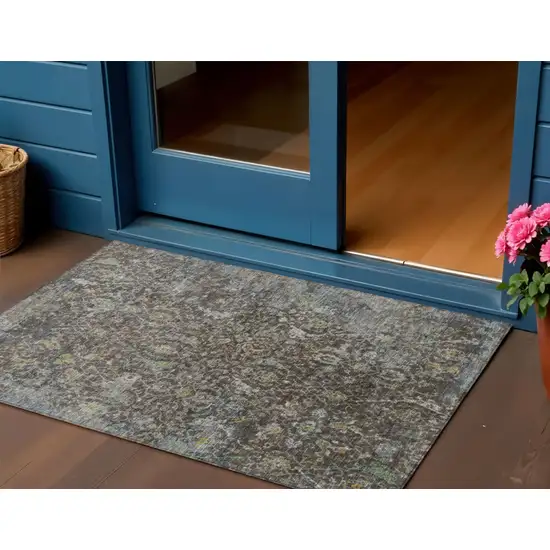 Chocolate And Gray Damask Washable Indoor Outdoor Area Rug Photo 1
