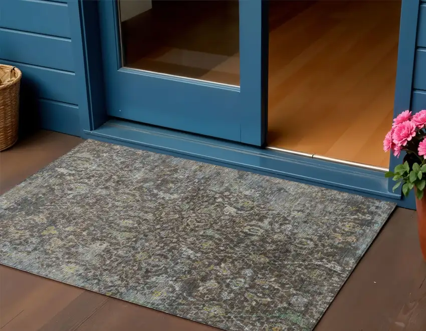 Chocolate And Gray Damask Washable Indoor Outdoor Area Rug Photo 1