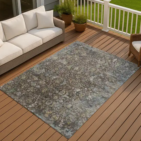 Chocolate And Gray Damask Washable Indoor Outdoor Area Rug Photo 2