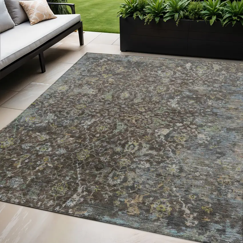 Chocolate And Gray Damask Washable Indoor Outdoor Area Rug Photo 1