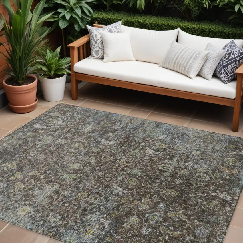 Chocolate And Gray Damask Washable Indoor Outdoor Area Rug Photo 1
