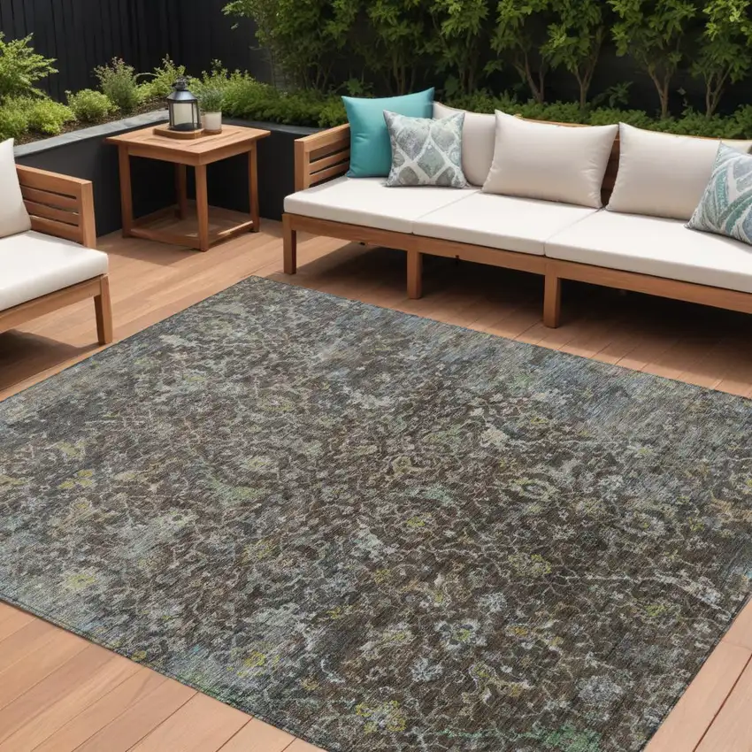 Chocolate And Gray Damask Washable Indoor Outdoor Area Rug Photo 1