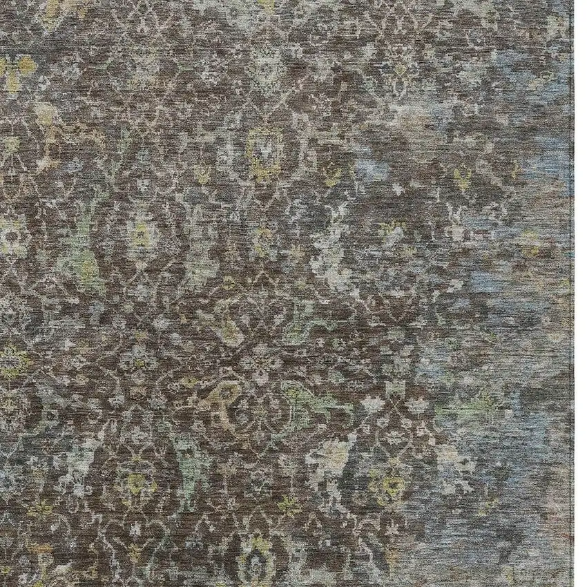 Chocolate And Gray Damask Washable Indoor Outdoor Area Rug Photo 2