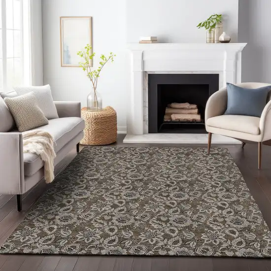 Chocolate And Gray Floral Washable Area Rug With UV Protection Photo 4