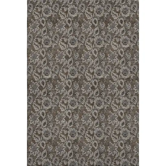 Chocolate And Gray Floral Washable Area Rug With UV Protection Photo 1
