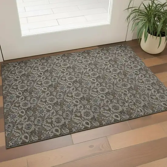 Chocolate And Gray Floral Washable Area Rug With UV Protection Photo 1