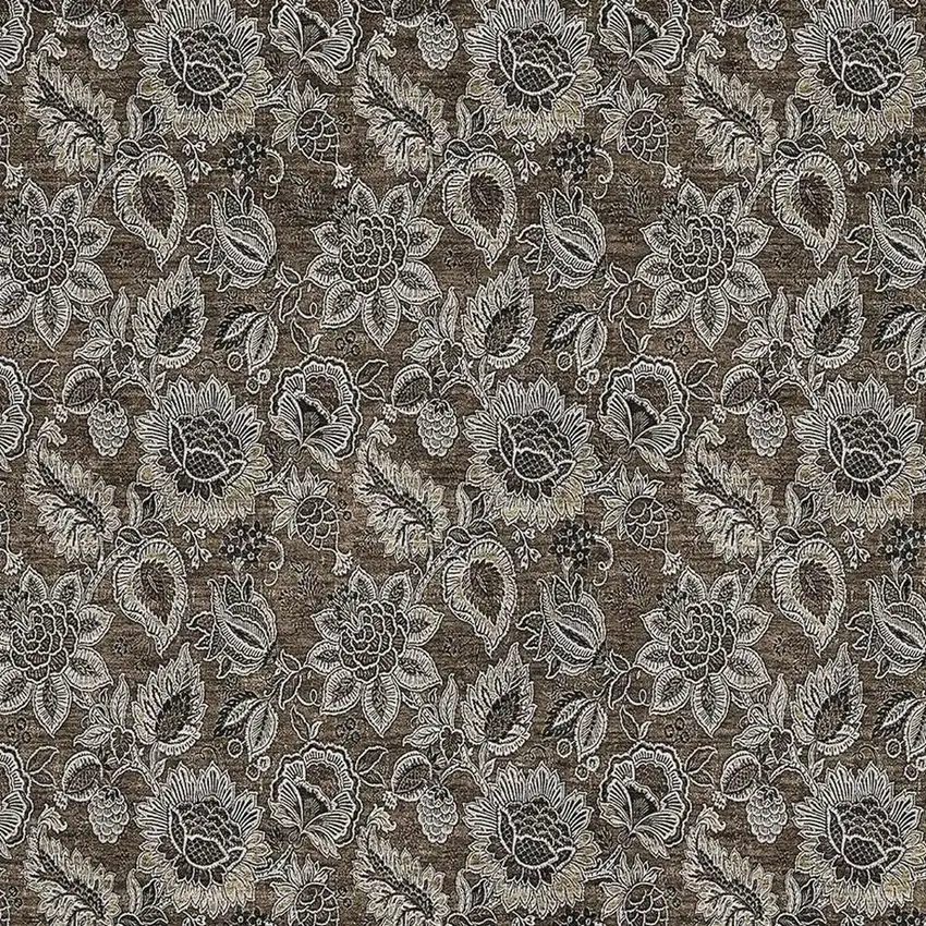 Chocolate And Gray Floral Washable Area Rug With UV Protection Photo 2