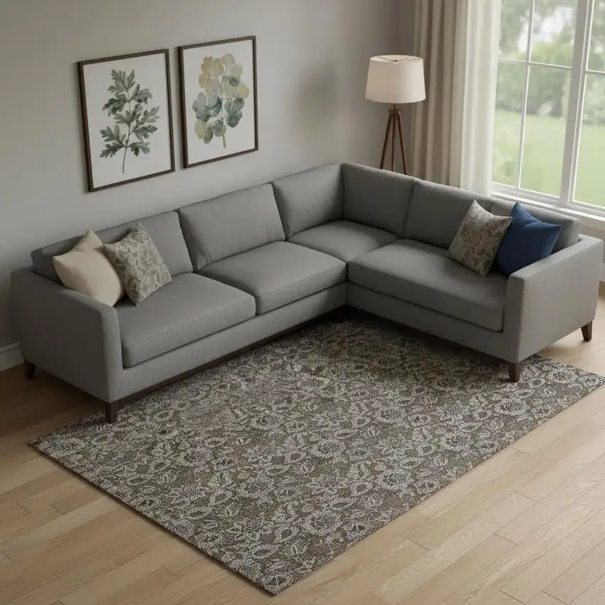 Chocolate And Gray Floral Washable Area Rug With UV Protection Photo 1