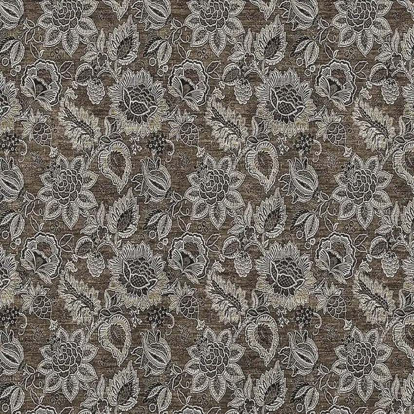 Chocolate And Gray Floral Washable Area Rug With UV Protection Photo 2