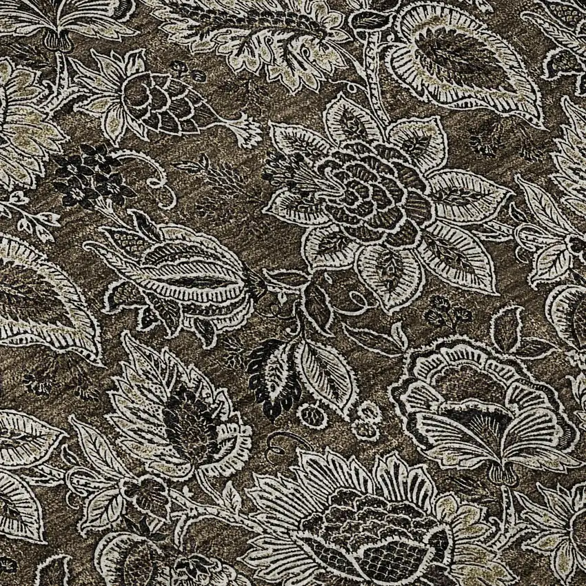 Chocolate And Gray Floral Washable Area Rug With UV Protection Photo 9