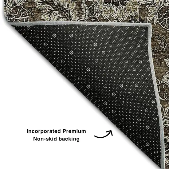 Chocolate And Gray Floral Washable Area Rug With UV Protection Photo 6