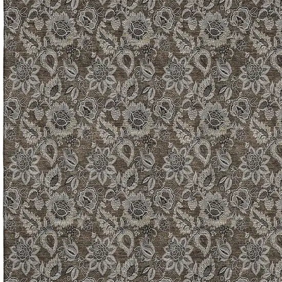 Chocolate And Gray Floral Washable Area Rug With UV Protection Photo 2