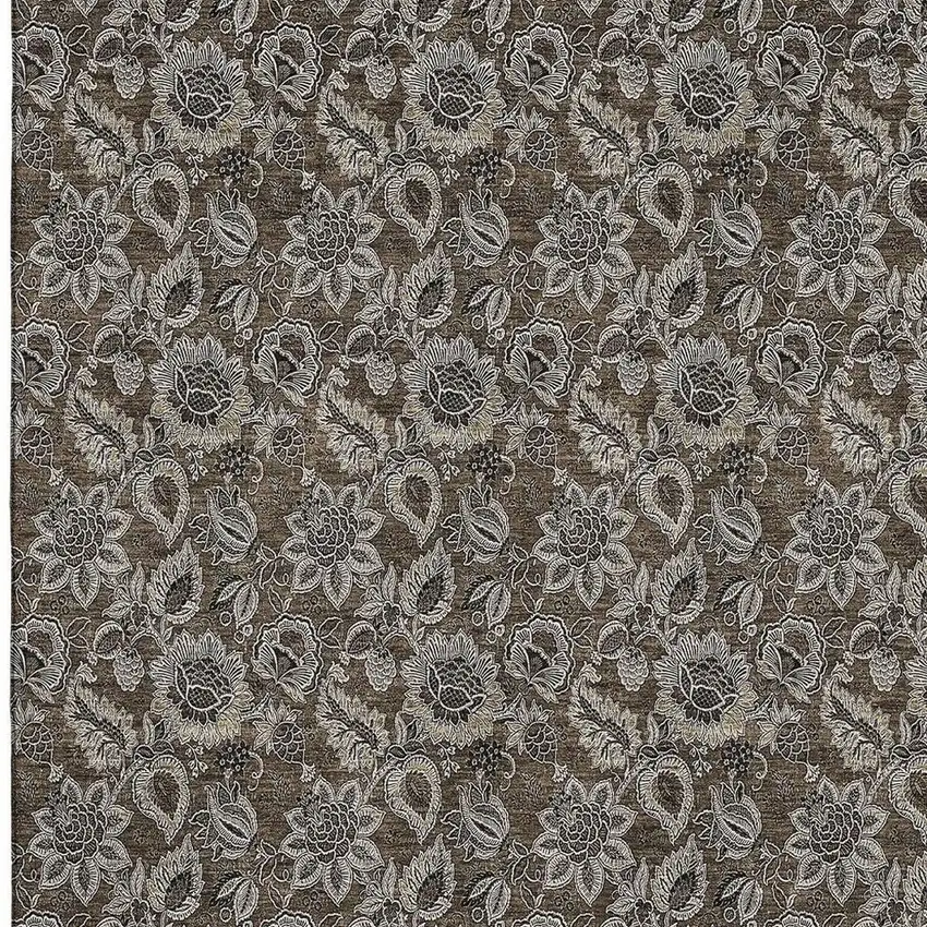Chocolate And Gray Floral Washable Area Rug With UV Protection Photo 2